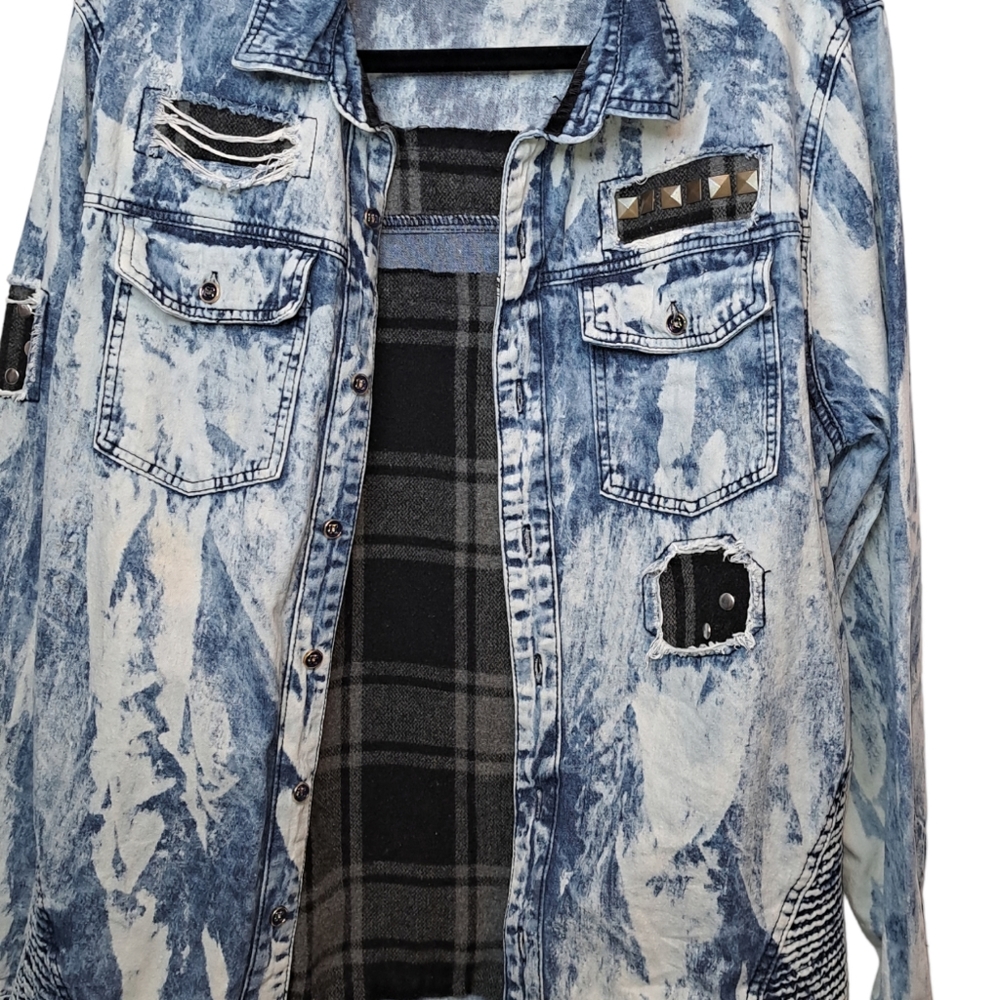 𝅺Imperious Acid Wash Studded Blue White Denim Destroyed Button Down Shirt Jacke